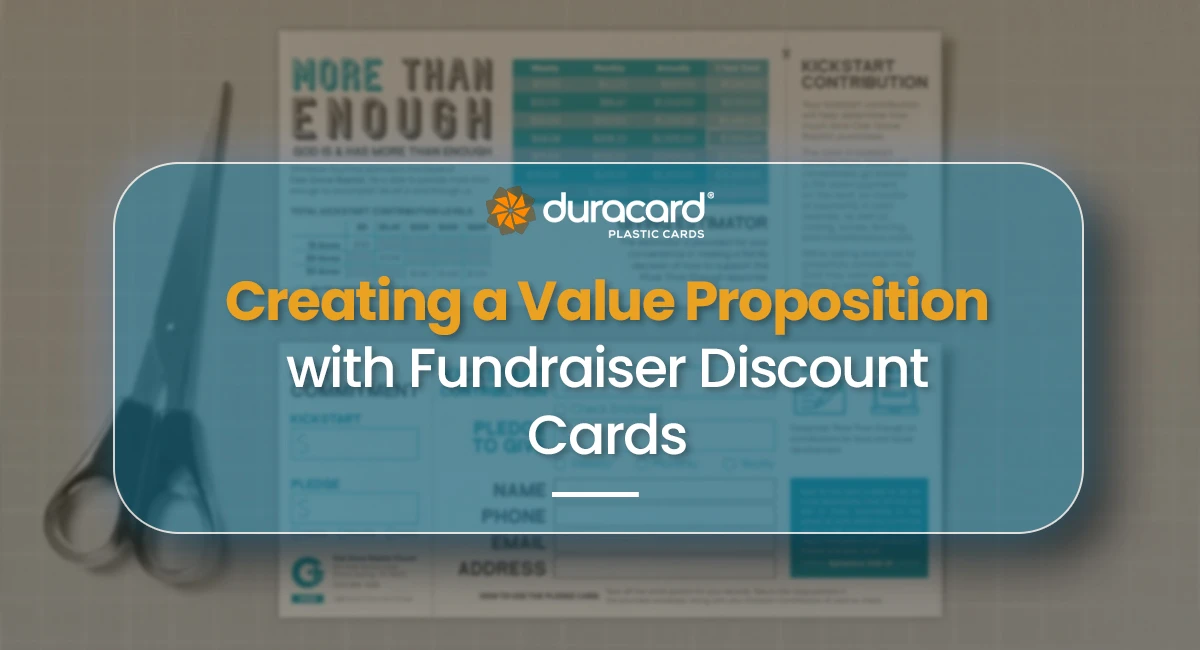 Guide cover showing a fundraiser discount card form with donation tiers and the title "Creating a Value Proposition with Fundraiser Discount Cards."
