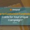 Guide cover showing a fundraising card template with donation tiers, with the title "How to Customize Fundraising Cards for Your Unique Campaign?"
